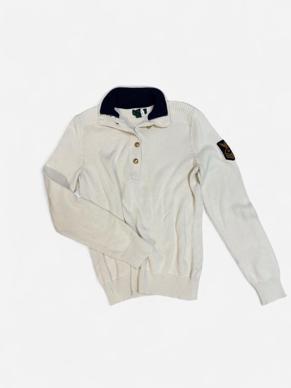 Ralph Lauren Cream Zip-Up Knit Sweater with Navy Collar